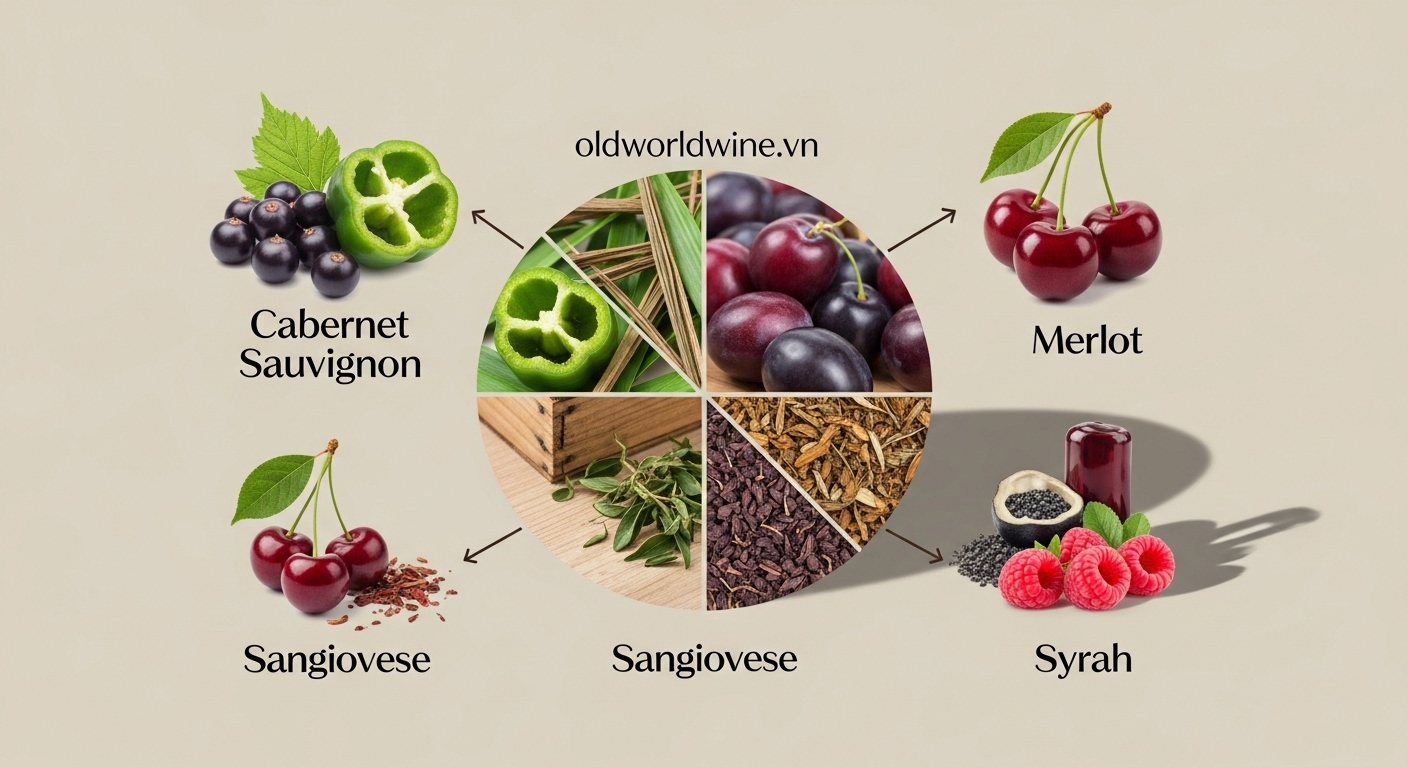 Hình minh họa bốn giống nho đỏ chính trong Super Tuscans: Cabernet Sauvignon, Merlot, Sangiovese và Syrah – oldworldwine.vn