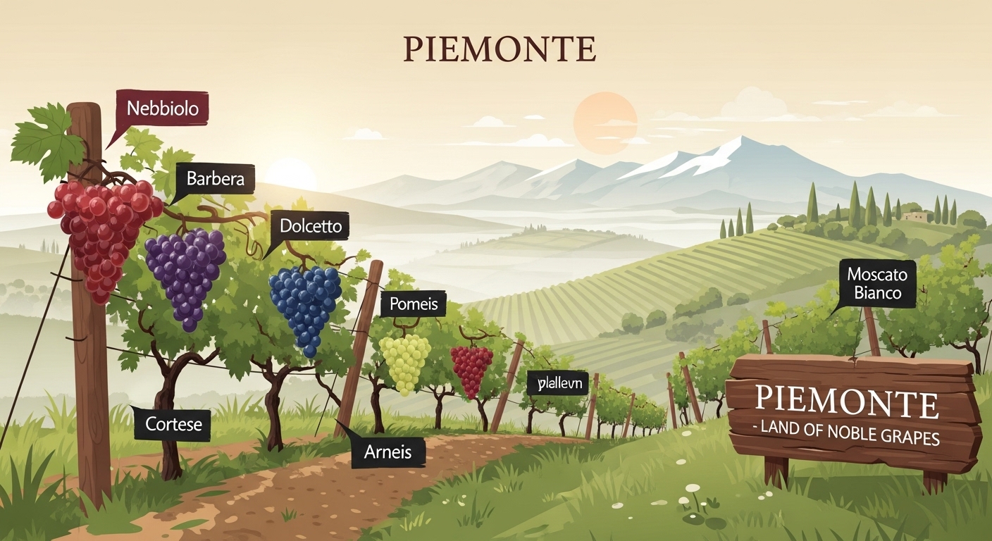 Các giống nho tiêu biểu của Piemonte: Nebbiolo, Barbera, Dolcetto, Cortese, Arneis, Moscato Bianco