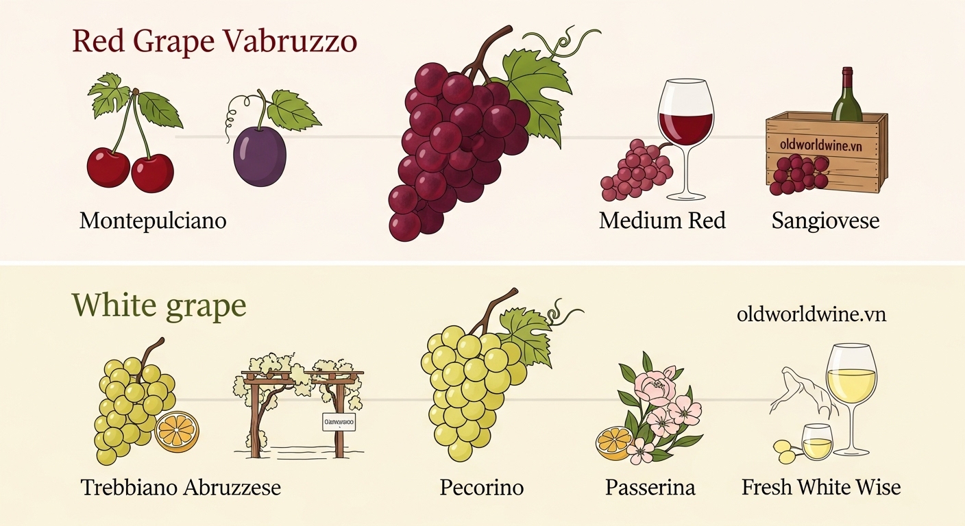 Các giống nho đỏ và trắng nổi bật của Abruzzo – Montepulciano, Trebbiano, Pecorino và Passerina