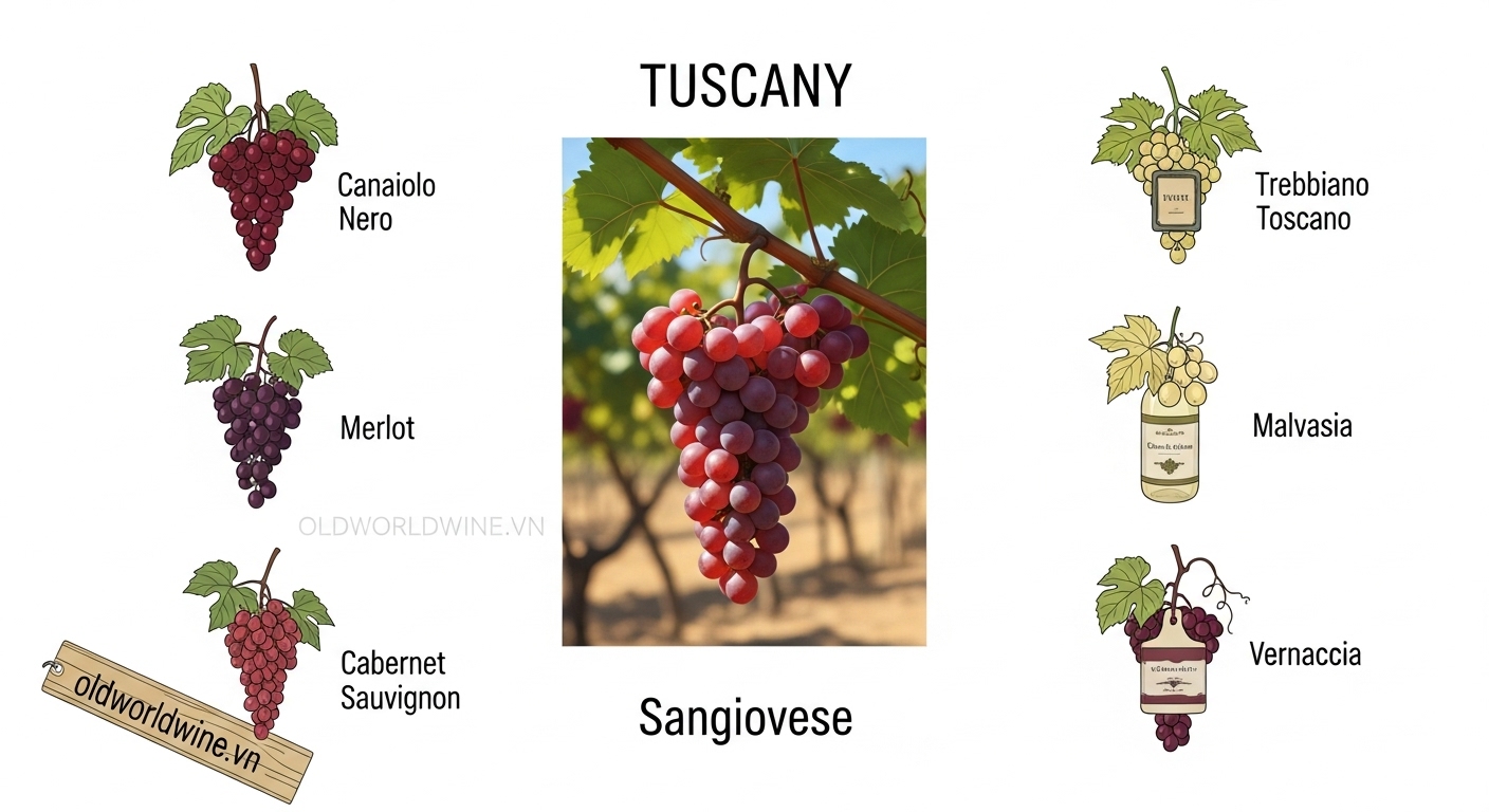 Ảnh minh họa giống nho Sangiovese và các giống nho phổ biến ở vùng Tuscany, Ý