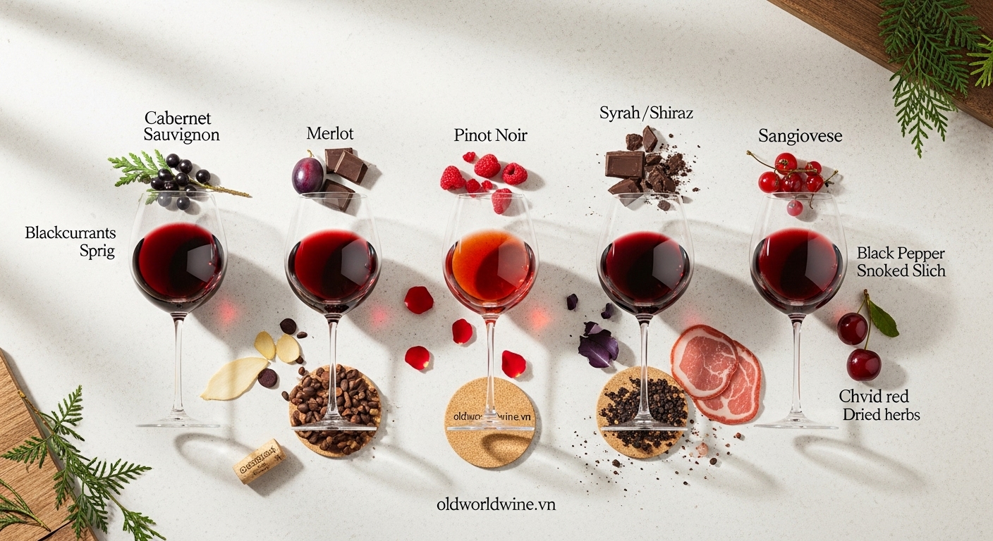 Hình ảnh minh họa các giống nho vang đỏ phổ biến tại Việt Nam như Cabernet Sauvignon, Merlot, Pinot Noir, Syrah/Shiraz và Sangiovese, thể hiện gu thưởng thức đa dạng của người tiêu dùng.