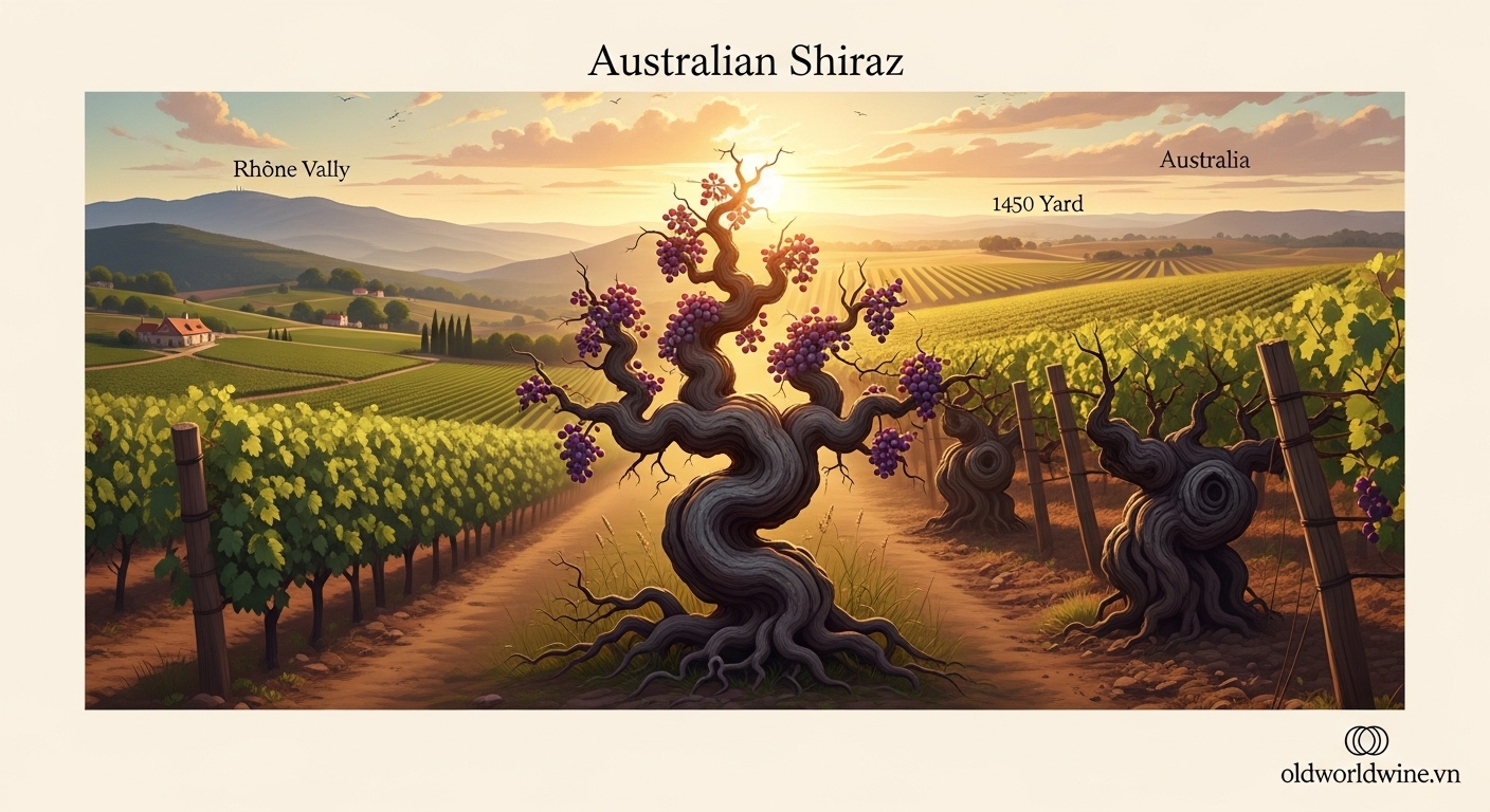 Gốc nho Shiraz cổ thụ ở Úc với lịch sử từ giống nho Syrah vùng Rhône Pháp