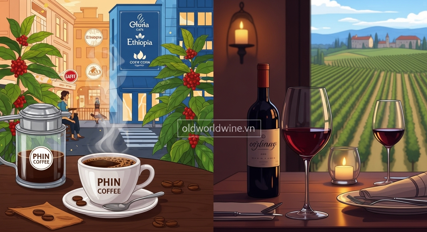 Hình minh họa hành trình văn hóa của cà phê và rượu vang – từ nguồn gốc Ethiopia, Pháp, Ý đến nhịp sống đô thị hiện đại tại Việt Nam – oldworldwine.vn