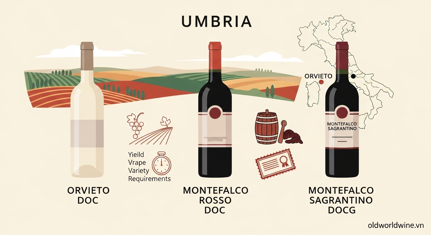 Hệ thống phân loại rượu vang Umbria theo DOC và DOCG – minh họa ba cấp độ Orvieto DOC, Montefalco Rosso DOC và Montefalco Sagrantino DOCG bằng hình ảnh hiện đại.