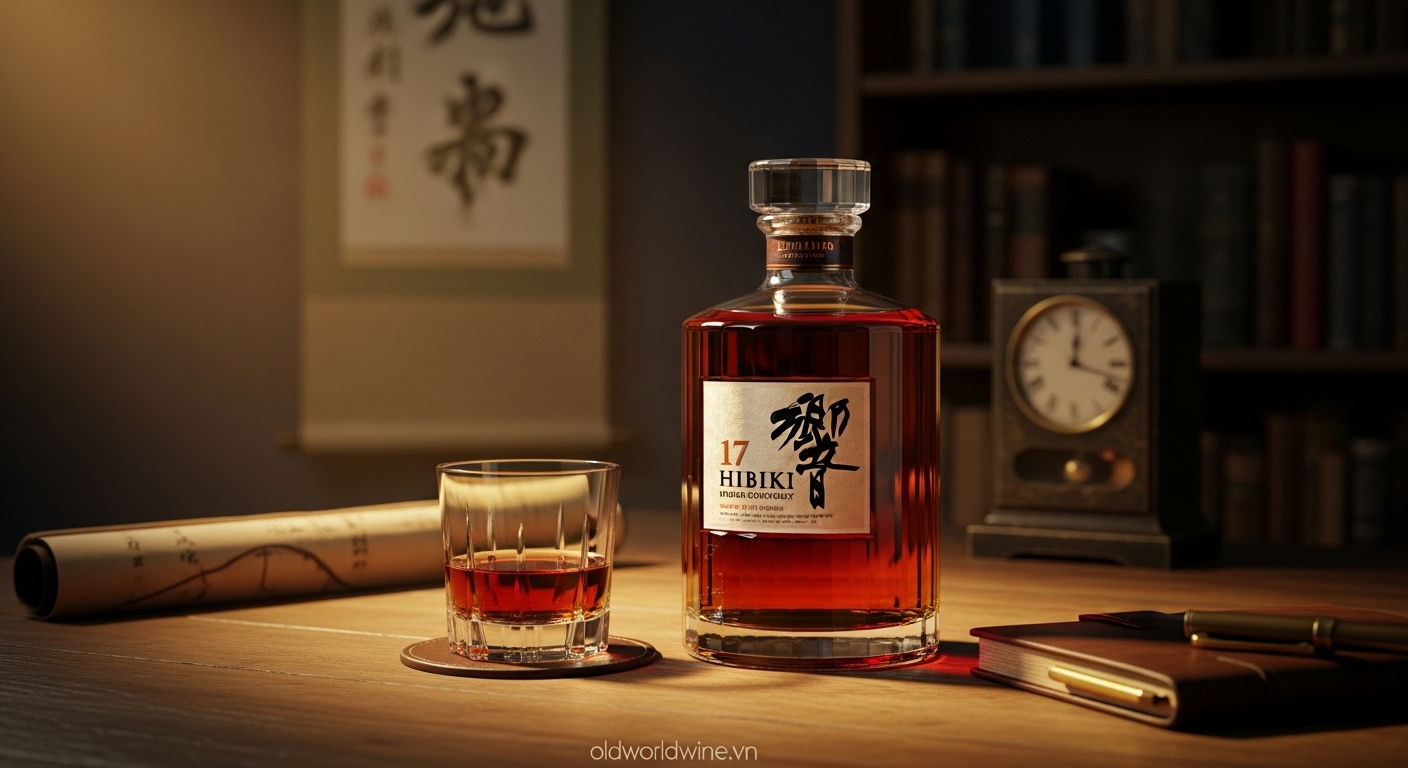 Hình ảnh sang trọng và hoài cổ của chai Hibiki 17 Year Old trong không gian như phòng sưu tầm whisky, ánh sáng vàng ấm tôn lên màu rượu hổ phách đậm, gợi cảm giác quý hiếm và tinh tế, có watermark oldworldwine.vn.