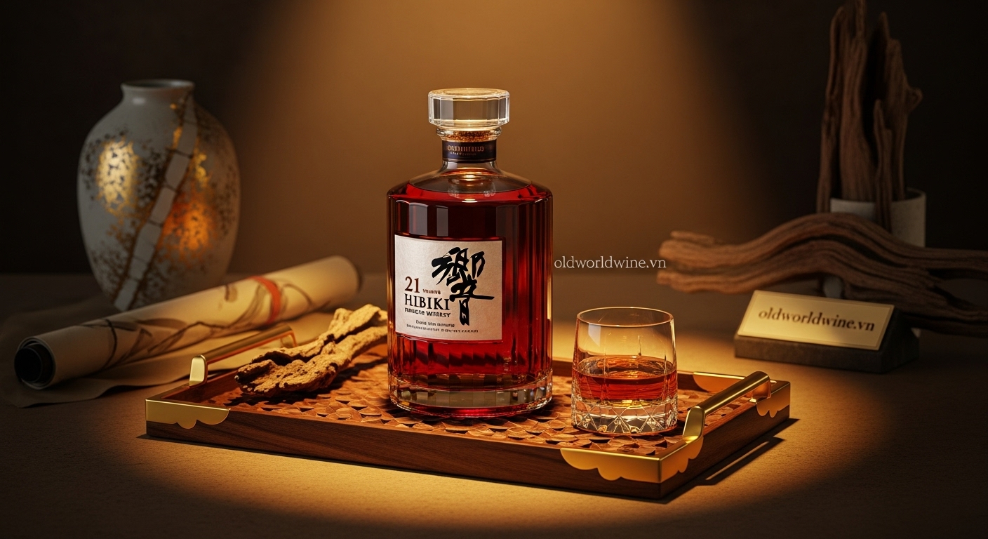 Hình ảnh sang trọng của Hibiki 21 Year Old trong khung cảnh trang trọng, ánh sáng vàng ấm tôn lên màu rượu hổ phách đậm, chi tiết gỗ Mizunara và ly pha lê tạo nên cảm giác đẳng cấp và nghệ thuật, có watermark oldworldwine.vn.