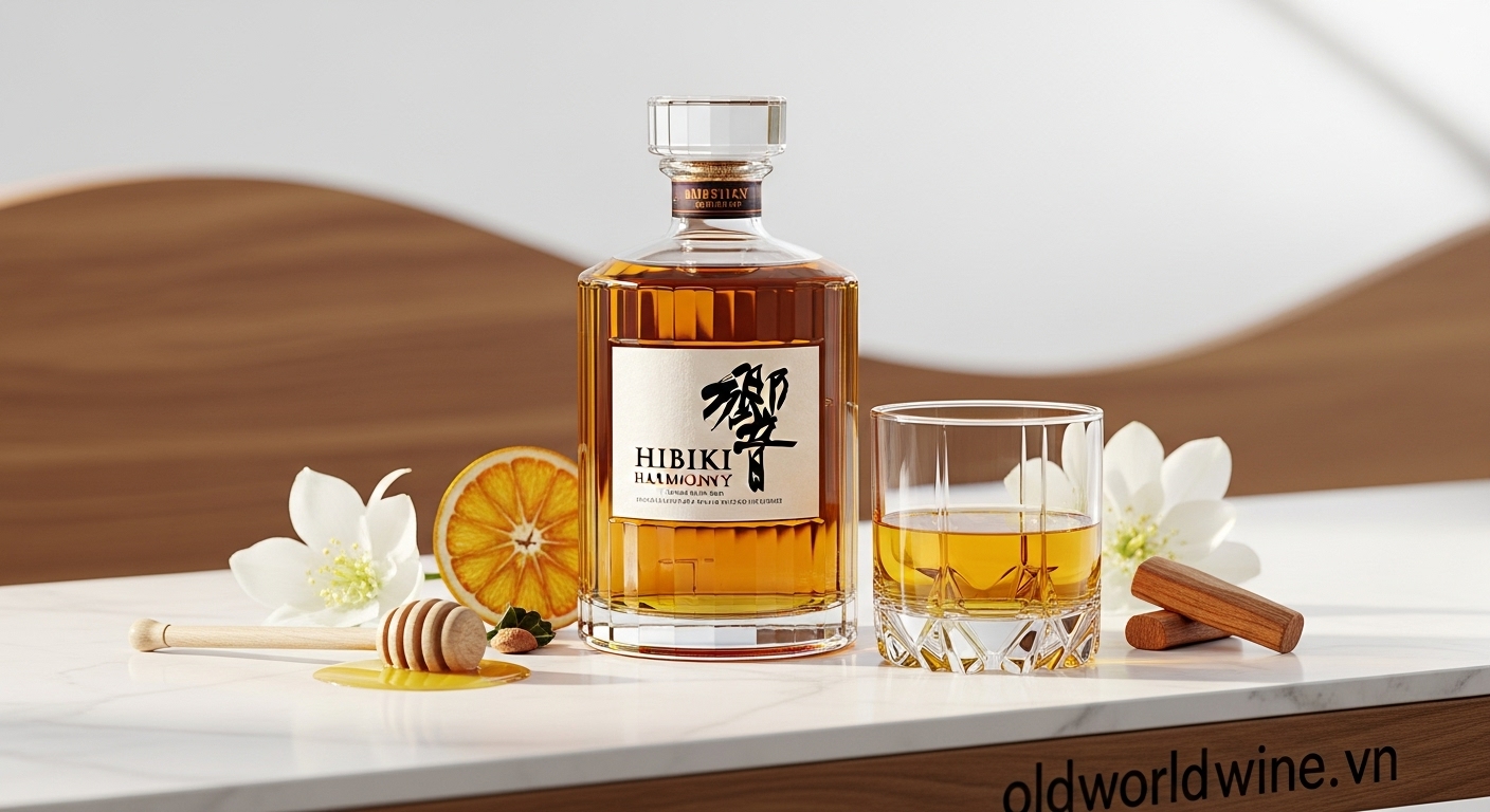 Hình ảnh chai Hibiki Japanese Harmony nổi bật với thiết kế 24 mặt đặc trưng, bên cạnh ly whisky và các biểu tượng hương vị như mật ong, hoa trắng và cam, ánh sáng ấm áp tạo cảm giác tinh tế, kèm watermark oldworldwine.vn.