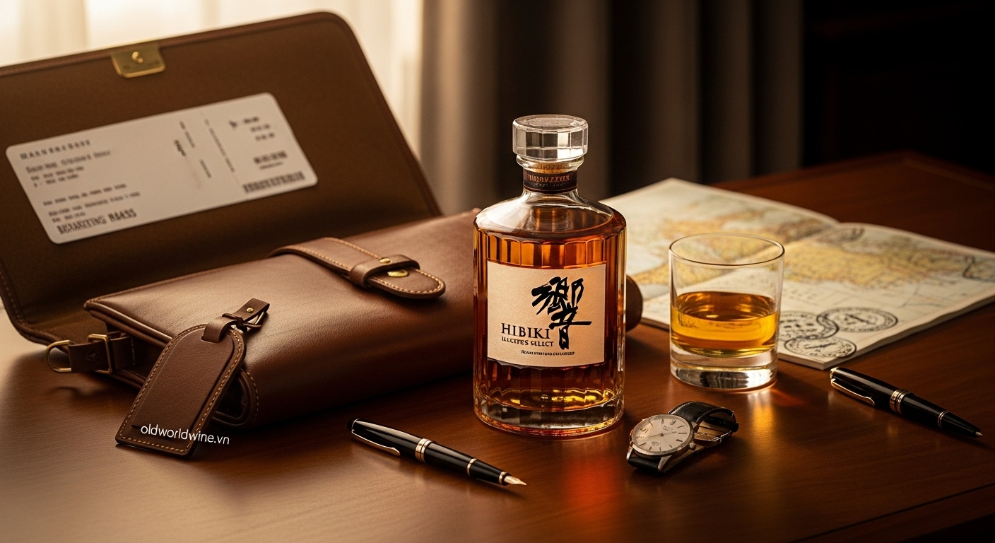 Hình ảnh tinh tế thể hiện chai Hibiki Master’s Select trong khung cảnh du lịch cao cấp: cạnh túi da, hộ chiếu và ly whisky vàng óng, ánh sáng chiều gợi cảm giác sưu tầm và trải nghiệm sang trọng, có watermark oldworldwine.vn.