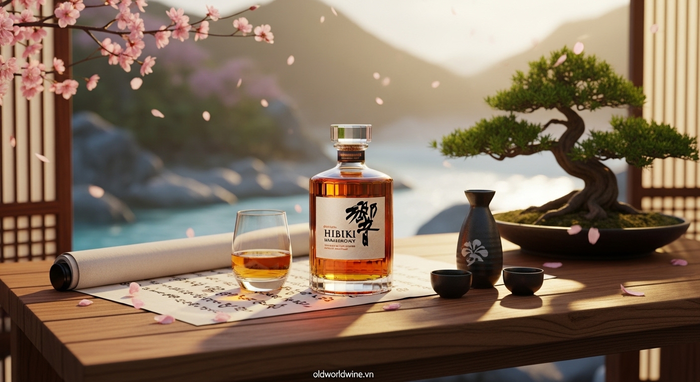 Hình ảnh chai rượu Hibiki Japanese Harmony giữa khung cảnh thiên nhiên Nhật Bản: hoa anh đào, bonsai và ánh hoàng hôn – thể hiện tinh thần hài hòa và nghệ thuật chế tác whisky.