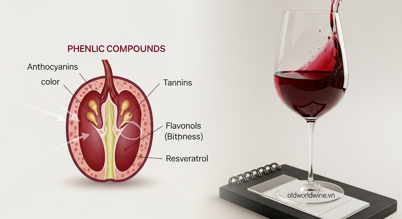 Hình ảnh minh họa cấu tạo quả nho đỏ và các hợp chất phenolic như tannin, anthocyanin, flavonol và resveratrol, thể hiện vai trò của chúng trong việc tạo màu sắc, độ chát và cấu trúc cho rượu vang đỏ.