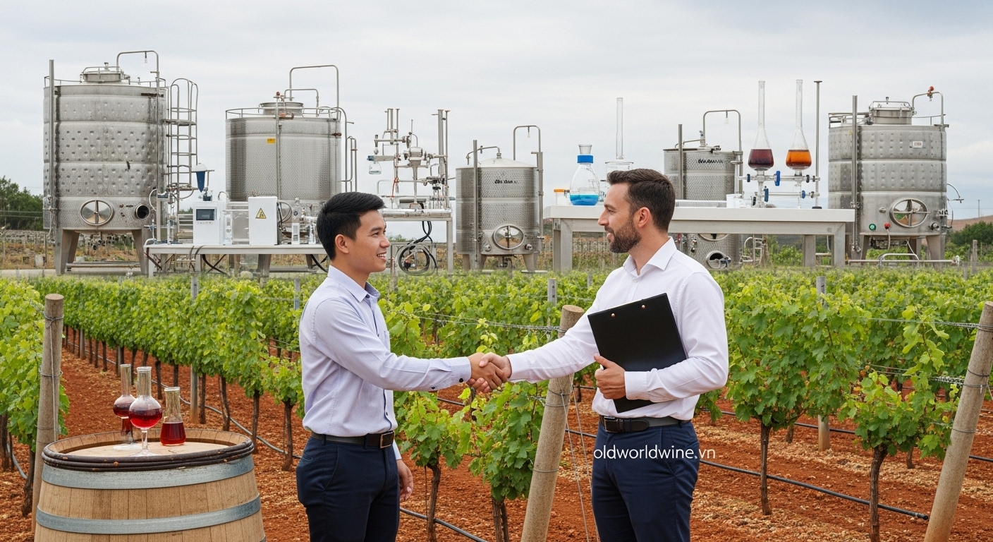 Hình minh họa sự hợp tác quốc tế và chuyển giao công nghệ trong ngành rượu vang Việt Nam – chuyên gia Việt bắt tay chuyên gia nước ngoài tại vườn nho – oldworldwine.vn