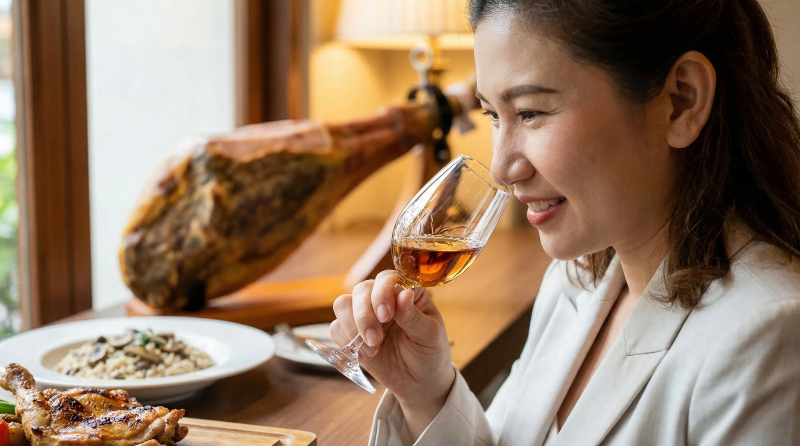 Ảnh cận cảnh: Một người nâng ly Copita Amontillado, quan sát màu sắc và ngửi hương thơm, bên cạnh là một đùi Iberico ham.