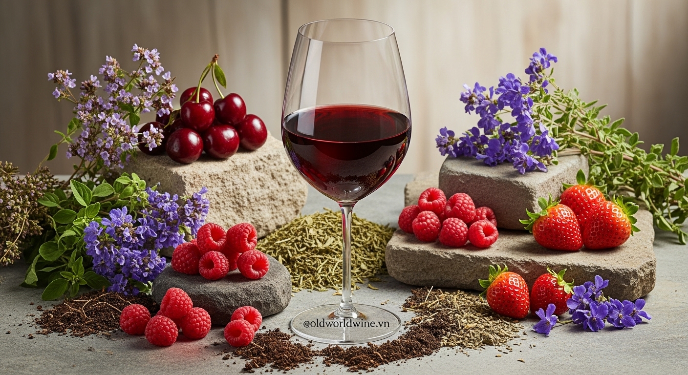Hình ảnh mô tả hương vị đặc trưng của rượu vang Chianti với trái anh đào chua, mâm xôi, dâu tây, hoa violet, thảo mộc khô và tông đất nhẹ.