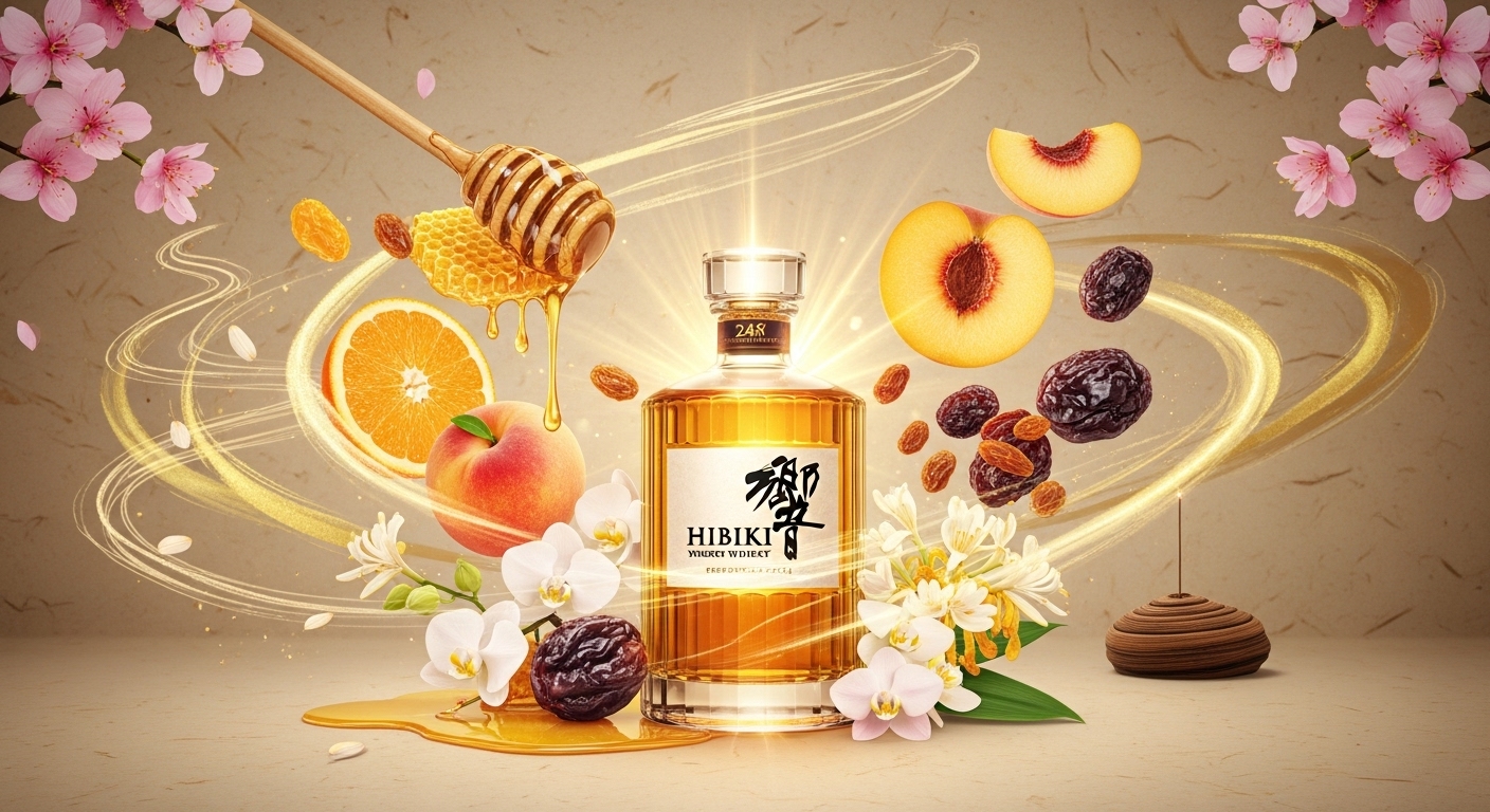 Hình minh họa hương vị của rượu Hibiki với các tầng hương: mật ong, cam đào, trái cây khô, hoa anh đào và gỗ đàn hương – bao quanh chai whisky trong không gian đậm chất Nhật Bản.