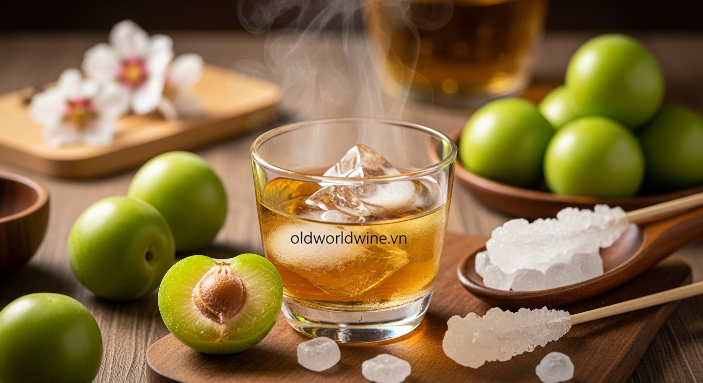 Ly rượu mơ Umeshu mát lạnh với đá, quả mơ xanh và đường phèn, thể hiện hương vị cân bằng giữa chua nhẹ, ngọt thanh và hương thơm dịu nhẹ đặc trưng của rượu mơ Nhật Bản.