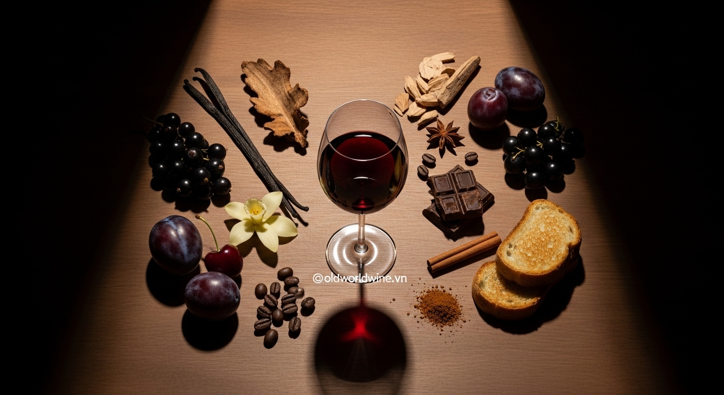 Hình minh họa hương vị đặc trưng của rượu vang Super Tuscans với trái cây đen chín, vani, gỗ sồi, socola và cà phê – oldworldwine.vn