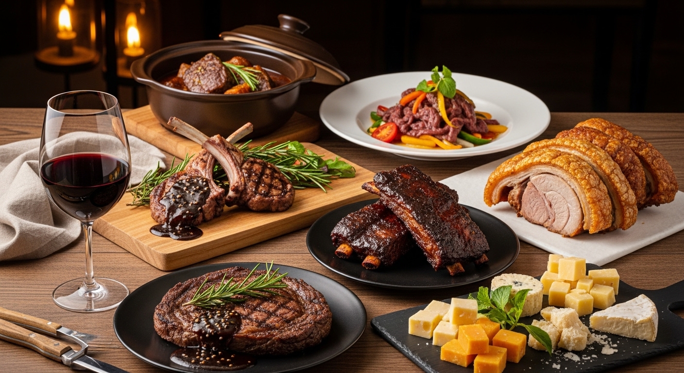 Bữa tiệc kết hợp rượu vang Shiraz Úc với bò bít tết, sườn cừu nướng, bò kho, bò lúc lắc, thịt heo quay và phô mai