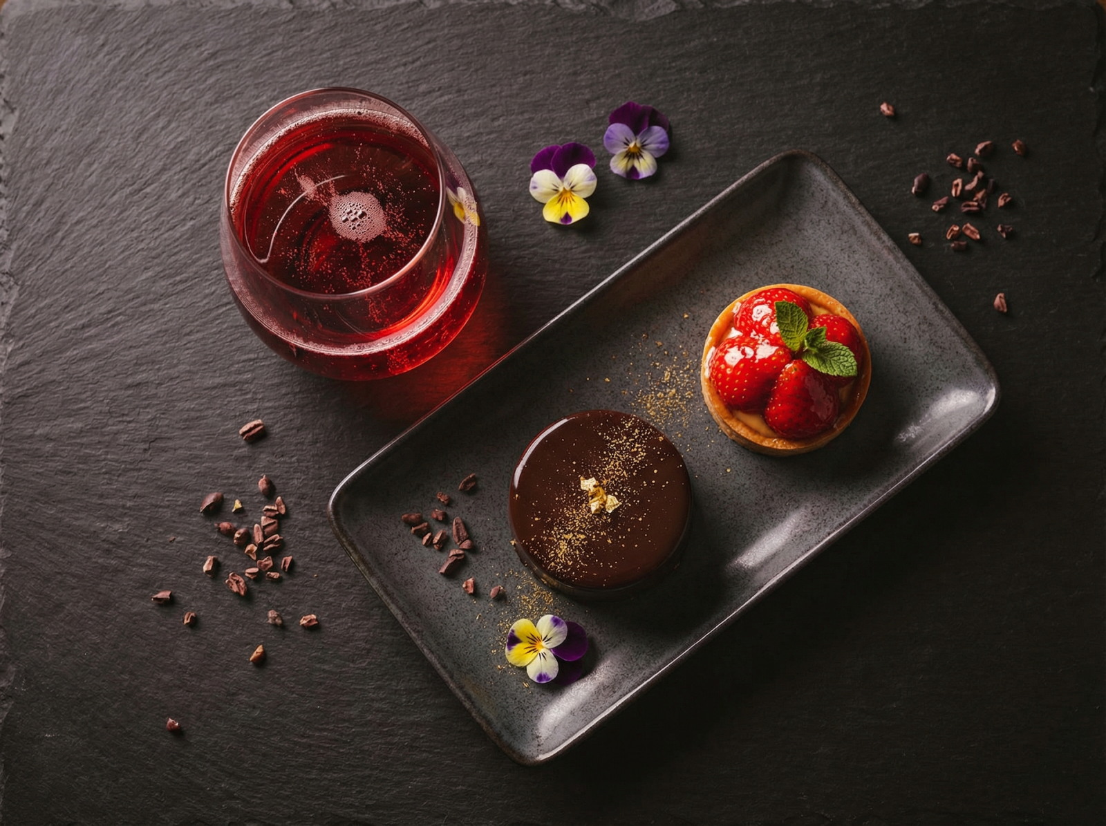 Nghệ thuật kết hợp rượu vang ngọt Brachetto d'Acqui với bánh chocolate ganache và tart dâu tây.