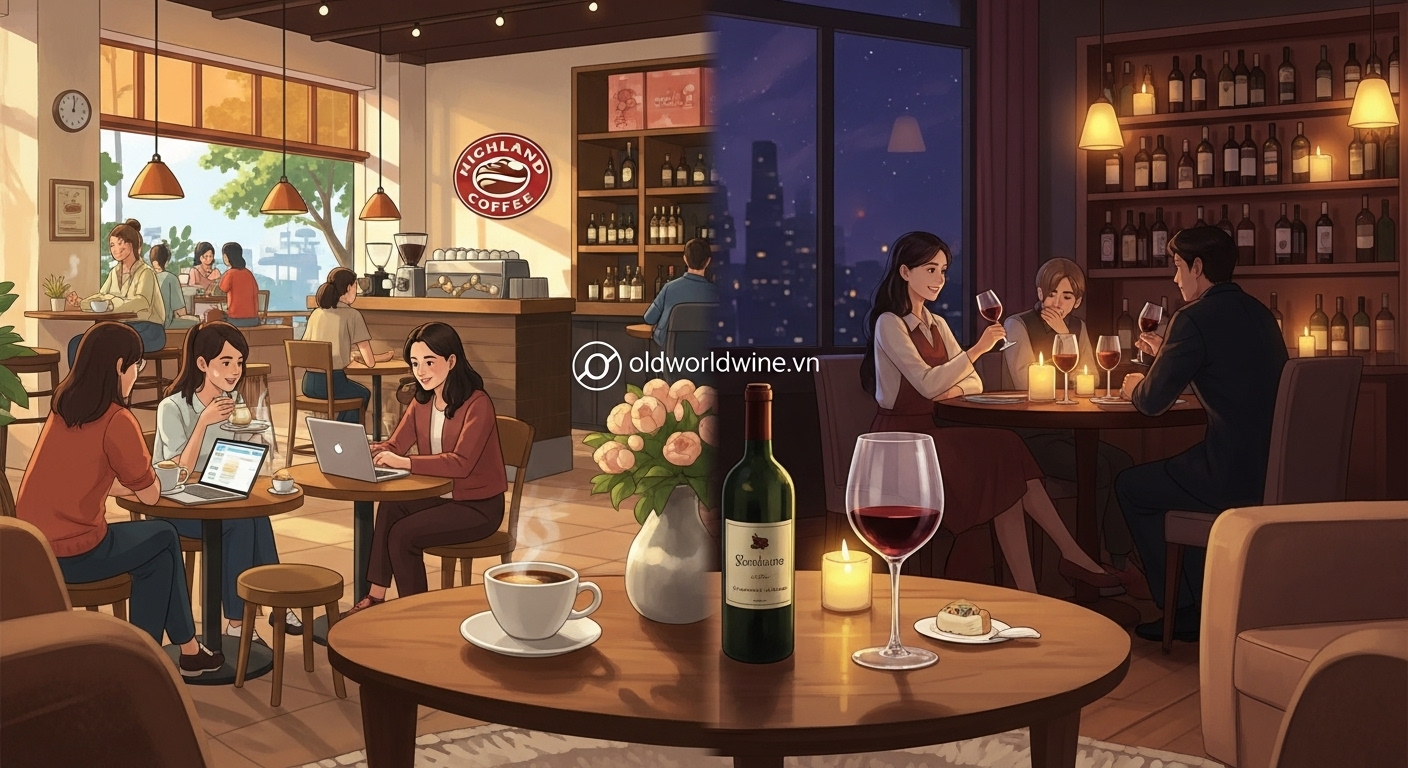 Hình minh họa không gian thưởng thức cà phê và rượu vang tại Việt Nam – từ coffee house buổi sáng đến wine bar và bàn trà tối – oldworldwine.vn
