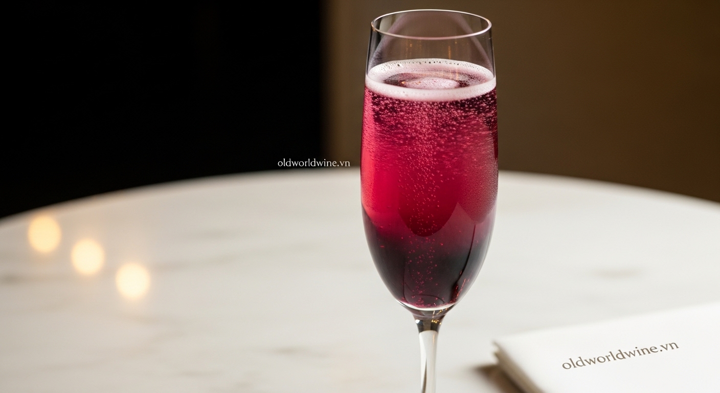 Ly Kir Royale thanh lịch với Champagne và Crème de Cassis, màu hồng tím quyến rũ, hoàn hảo cho tiệc sang trọng.