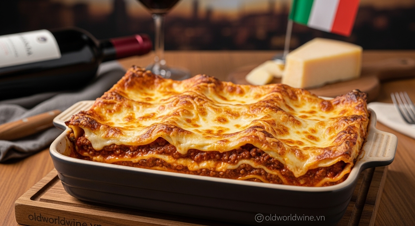Lasagna al Forno truyền thống kiểu Ý với sốt thịt Bolognese và Béchamel, nướng vàng giòn hấp dẫn, đặc trưng vùng Emilia-Romagna.