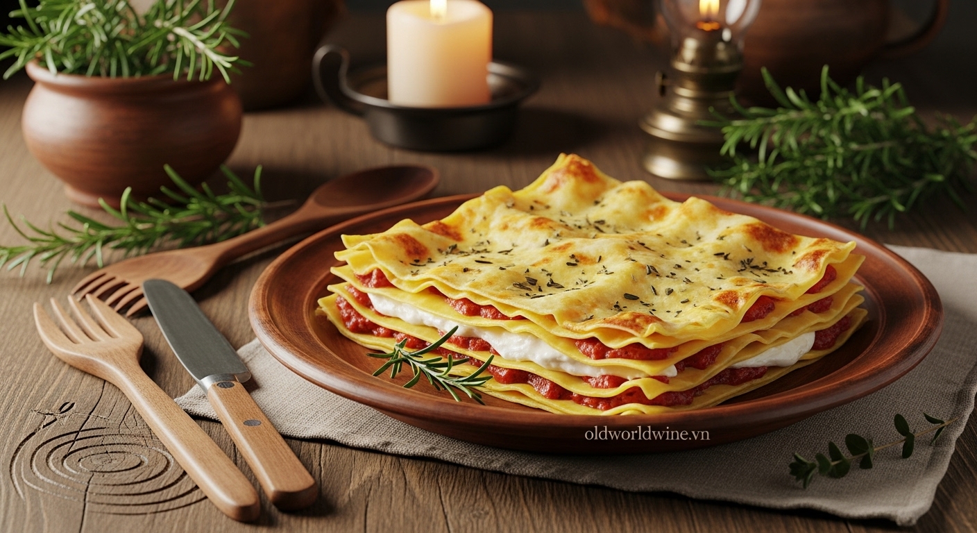 Phiên bản Lasagna cổ điển theo phong cách Trung cổ Ý, với các lớp mì, phô mai và thảo mộc đơn giản trên nền bàn gỗ mộc mạc.