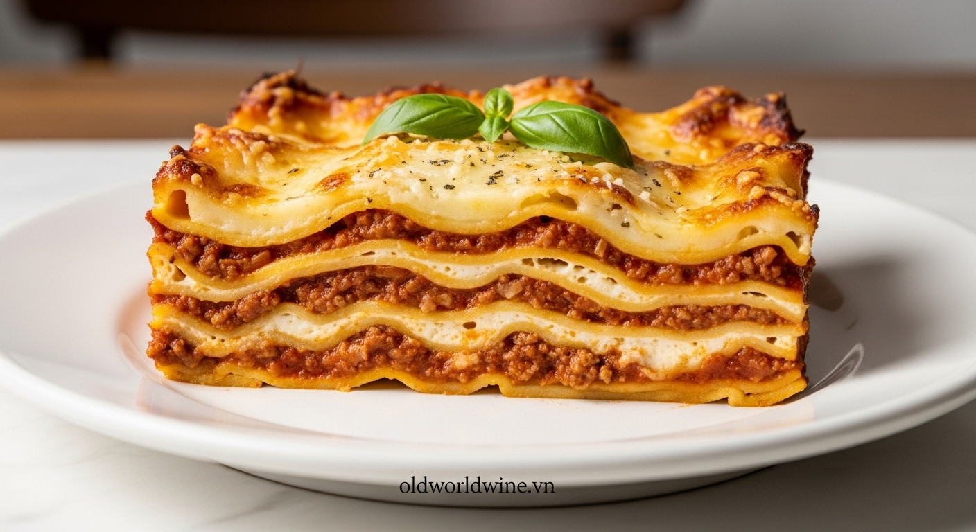 Món Lasagna Ý truyền thống với các lớp mì, sốt thịt, kem béo và phô mai nướng vàng, dậy mùi hấp dẫn.