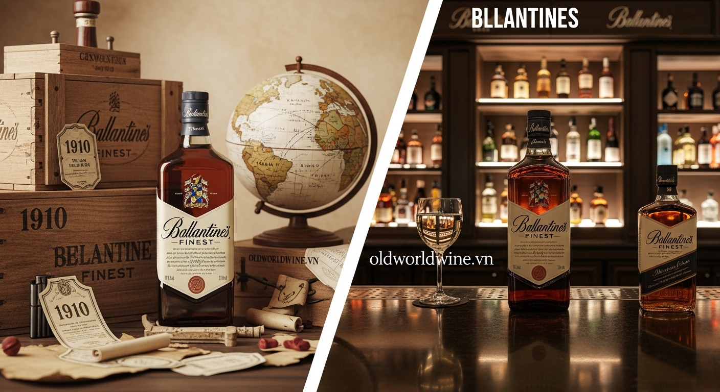 Hình ảnh minh họa hành trình phát triển toàn cầu của Ballantine's Finest từ năm 1910, với khung cảnh chuyển tiếp từ chai whisky cổ điển trong không gian đầu thế kỷ 20 đến hình ảnh hiện đại tại quầy bar quốc tế, thể hiện sự bền vững và mở rộng toàn cầu của thương hiệu.