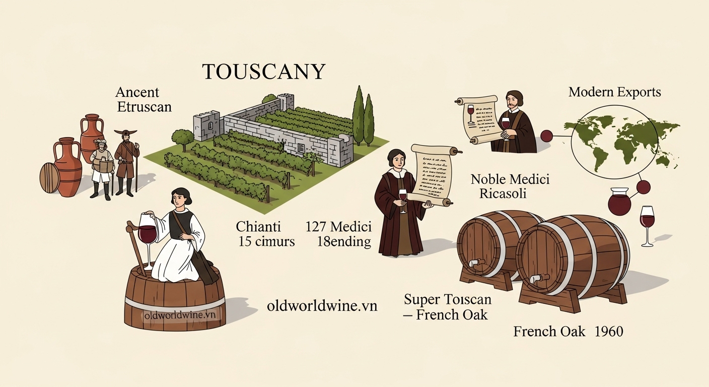 Ảnh minh họa dòng thời gian lịch sử rượu vang Tuscany từ thời Etruscan đến thời kỳ Super Tuscan