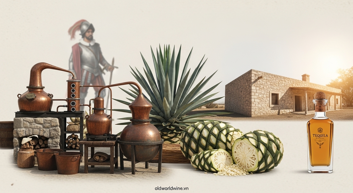 Hình ảnh tái hiện quá trình ra đời của Tequila hiện đại: người Tây Ban Nha chưng cất đồ uống từ cây Agave bản địa, với cảnh nhà máy cổ ở Jalisco và thiết bị chưng cất truyền thống thế kỷ 16.