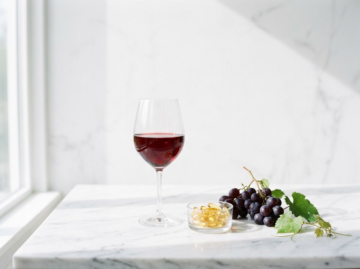 Một ly pha lê chứa rượu vang đỏ Ruby đặt cạnh một vài viên nang chiết xuất hạt nho (Grape Seed Extract) lấp lánh ánh vàng, và một nhánh nho đỏ tươi tắn. Nền background là đá cẩm thạch trắng (white marble) vô trùng, thanh khiết.