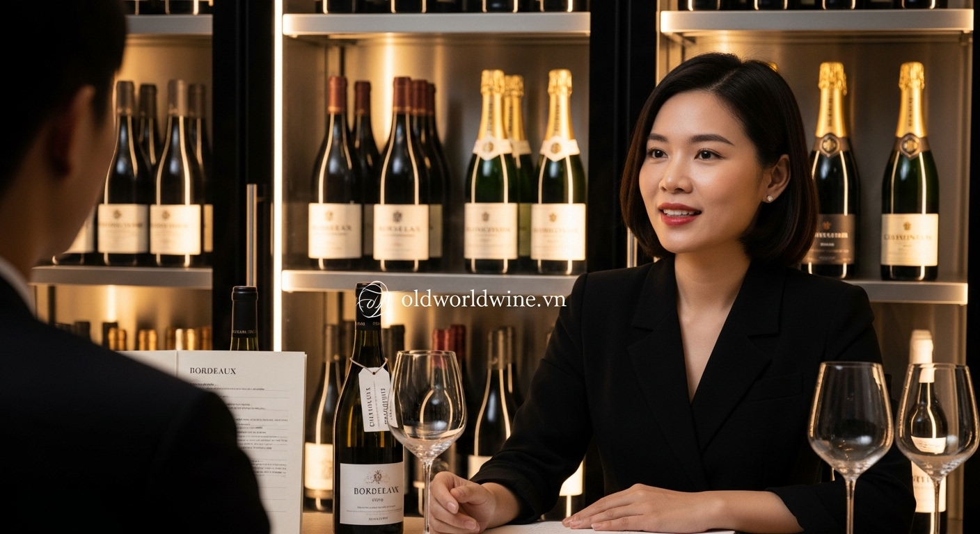 Hình ảnh chuyên gia WSET tư vấn chọn rượu vang Pháp chính hãng tại OldWorldWine.vn – địa chỉ uy tín tại TP.HCM