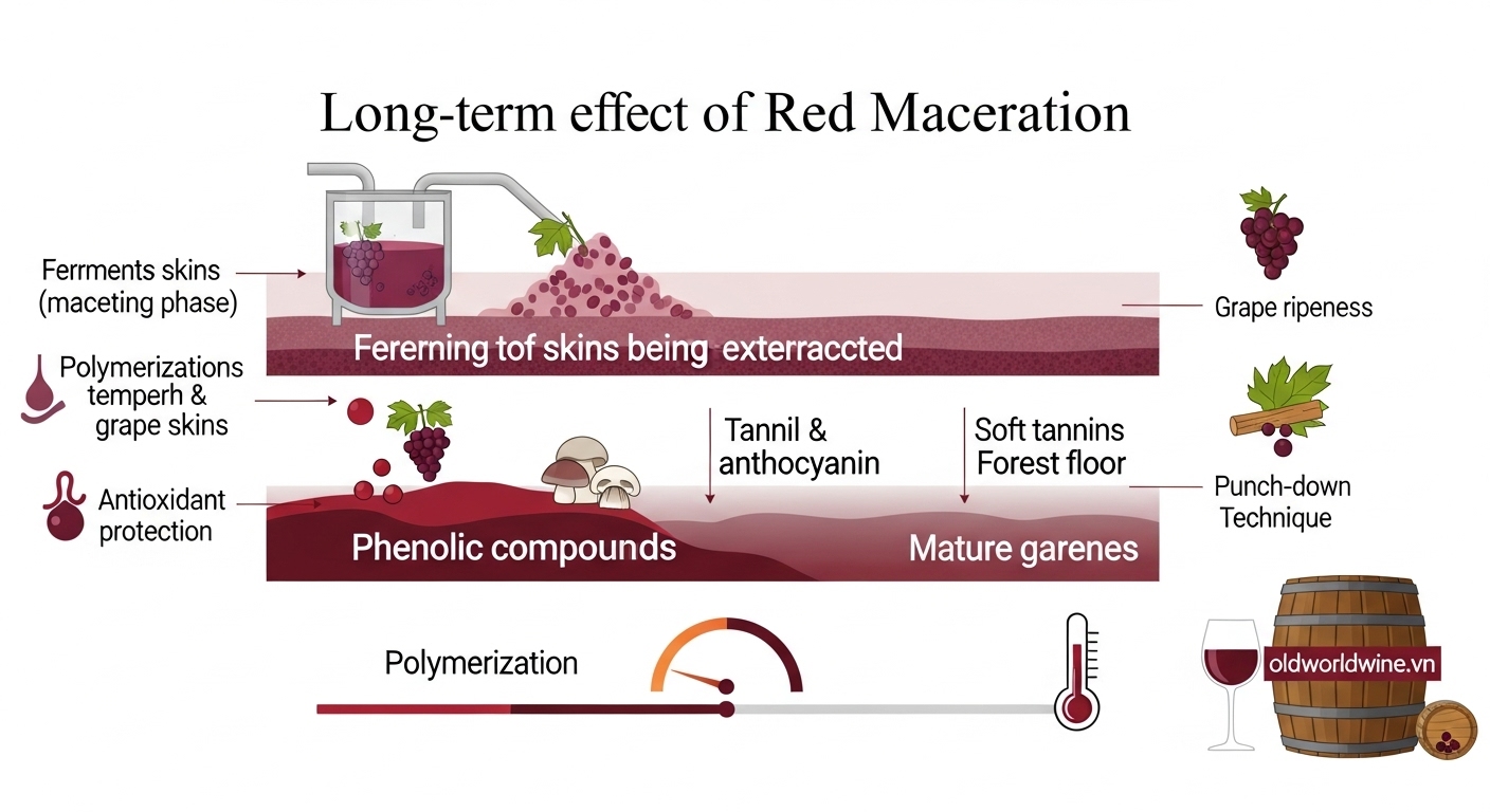 Hình minh họa tác động của quá trình maceration đến khả năng lão hóa của rượu vang đỏ, từ tannin chống oxy hóa đến phát triển hương vị và kết cấu – oldworldwine.vn