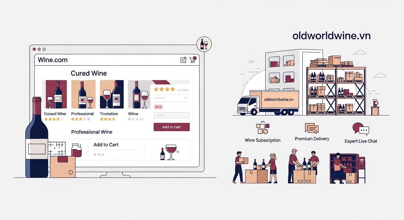 Minh họa mô hình bán lẻ trực tuyến của Wine.com với hệ thống logistics riêng, trải nghiệm mua sắm và dịch vụ chuyên gia