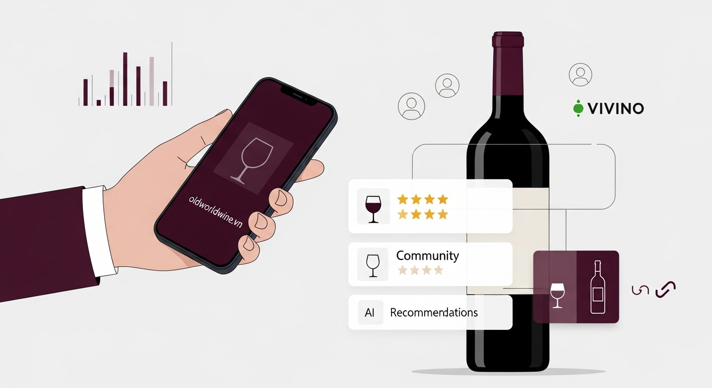 Minh họa mô hình kinh doanh trực tuyến của Vivino với công nghệ quét nhãn, đánh giá cộng đồng và đề xuất rượu vang cá nhân hóa
