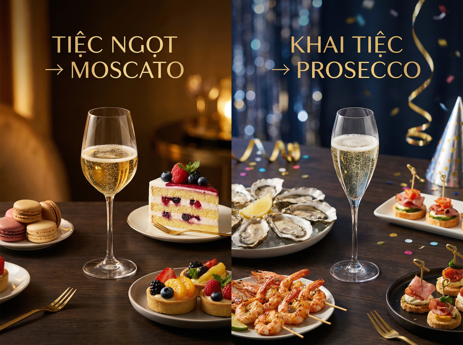 Chọn Moscato cho tiệc nhẹ, chọn Prosecco để khai tiệc sang trọng – mỗi loại mang một trải nghiệm riêng.
