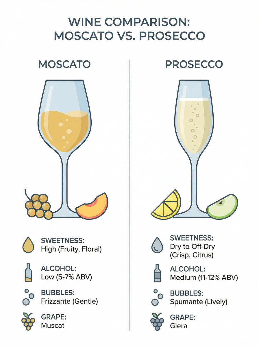 Moscato vs Prosecco wine comparison, two glasses, clean layout, modern infographic style