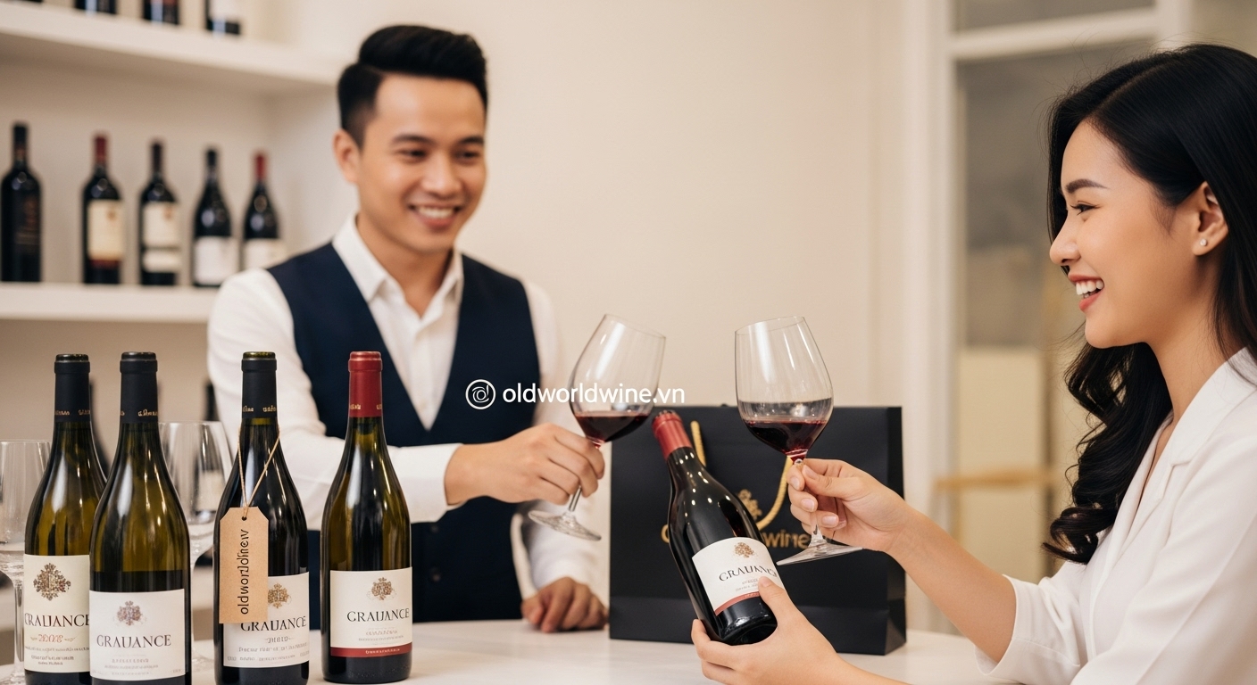 Khách hàng hài lòng nhận rượu vang Pháp chính hãng từ OldWorldWine.vn tại TP.HCM, thể hiện trải nghiệm mua sắm đẳng cấp