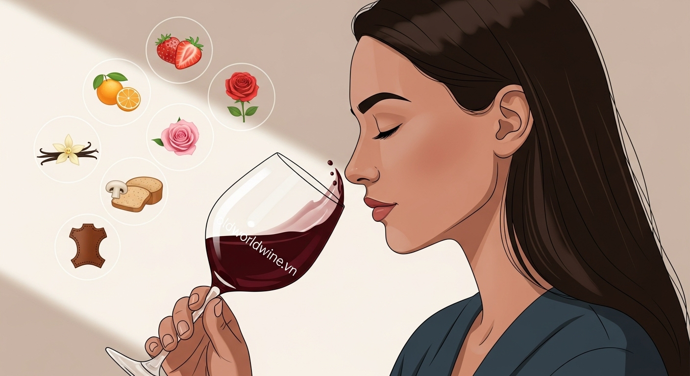 Người thưởng thức rượu đang ngửi ly vang đỏ với ánh mắt nhắm lại, xung quanh là hình ảnh minh họa hương thơm của trái cây, hoa, vani và nấm – thể hiện ba cấp độ hương thơm trong nghệ thuật nếm rượu vang.