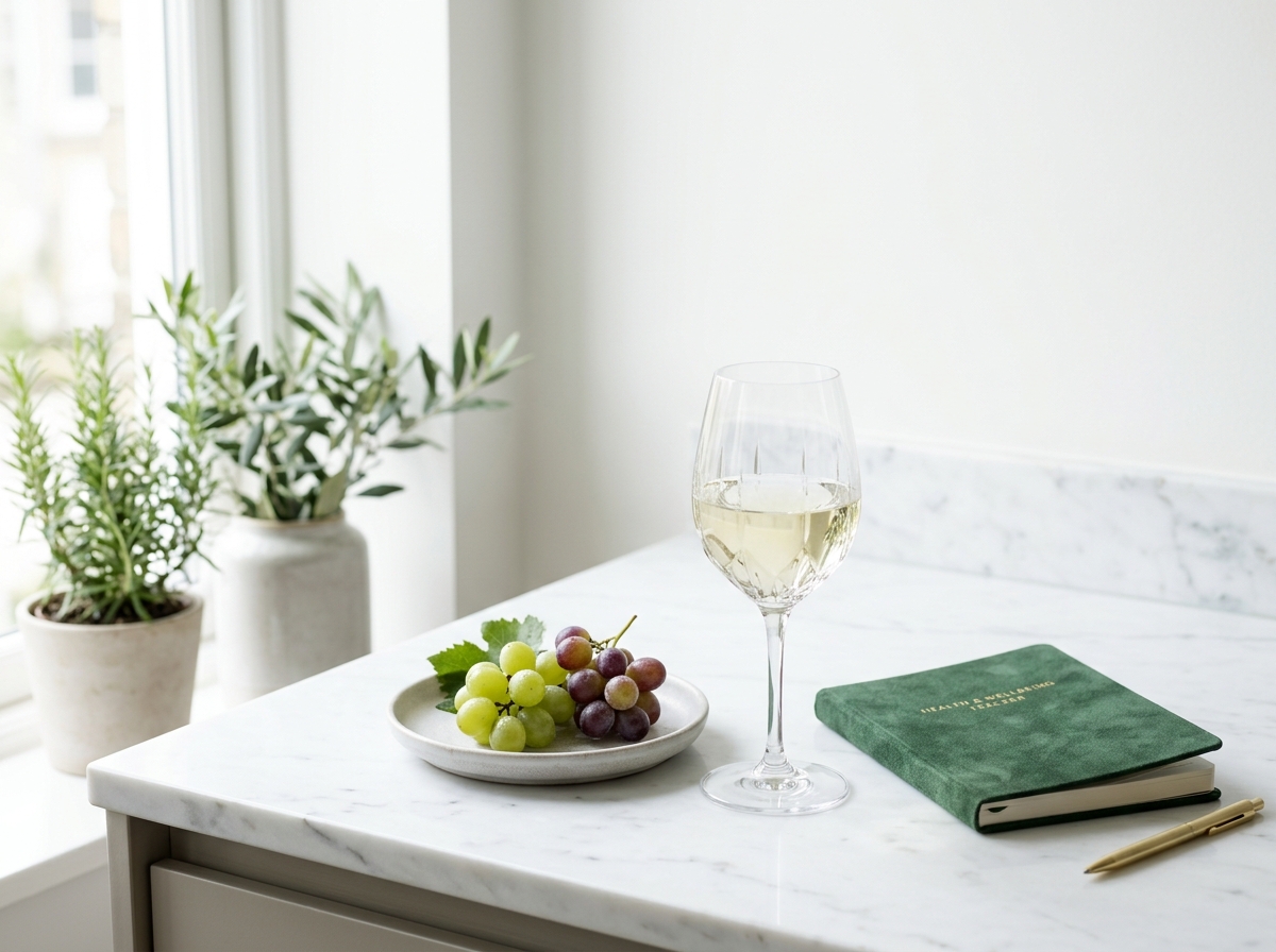 Một ly pha lê cao cấp rót vang trắng khô (Dry White Wine) trong vắt, đặt trên mặt bàn đá cẩm thạch trắng (White Marble). Kế bên ly vang là một chiếc đĩa gốm sứ mờ nhám đặt vài quả nho tươi và một cuốn sổ tay bìa da lộn (biểu tượng cho việc theo dõi sức khỏe/chế độ ăn kiêng)