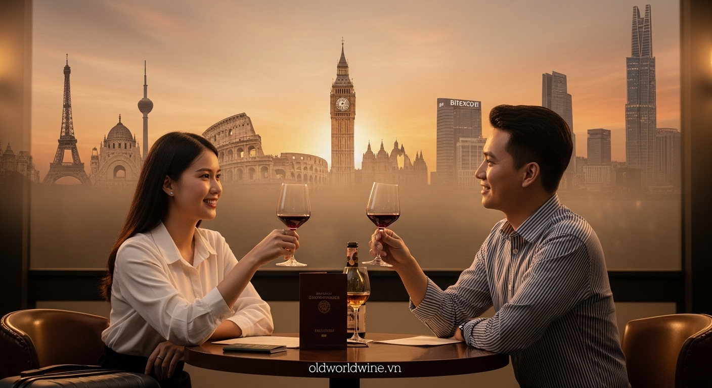 Hình ảnh người tiêu dùng Việt Nam hiện đại thưởng thức rượu vang trong không gian mang đậm tinh thần hội nhập quốc tế, phản ánh xu hướng toàn cầu hóa và ảnh hưởng của du lịch, học tập nước ngoài.