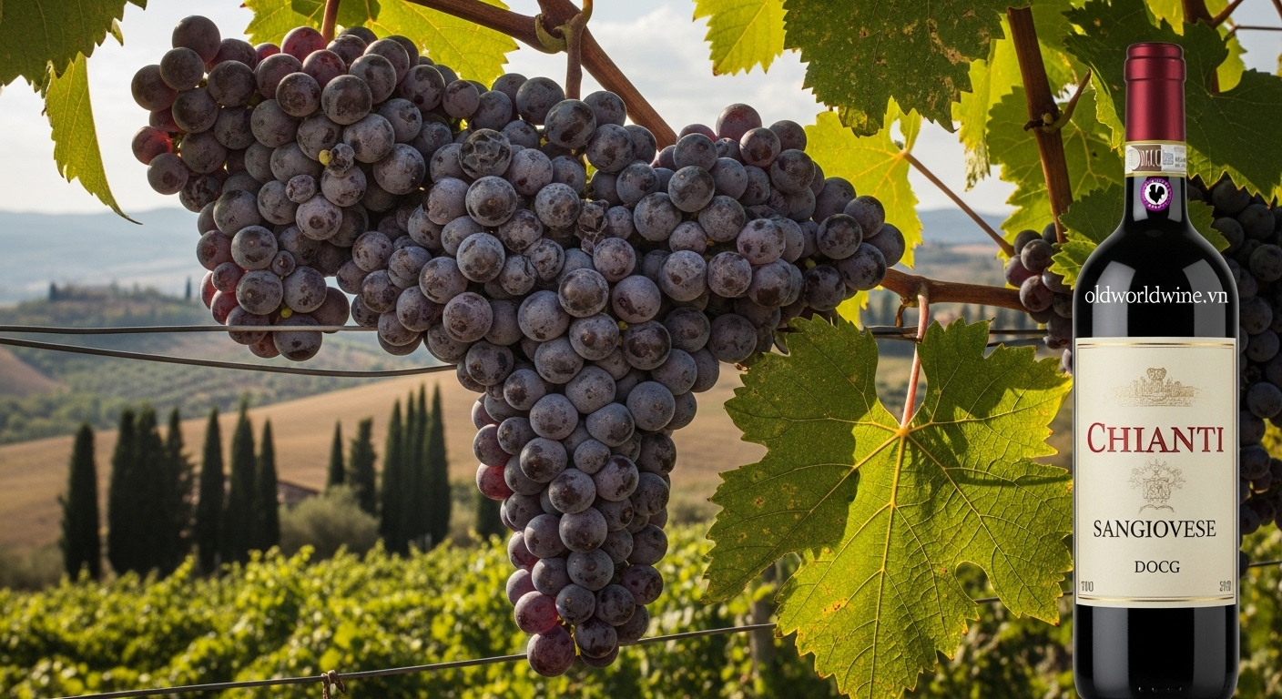 Hình ảnh giống nho Sangiovese chín mọng trong vườn nho Tuscany, cùng chai rượu Chianti có tem DOCG – thể hiện vai trò quan trọng của giống nho bản địa này.