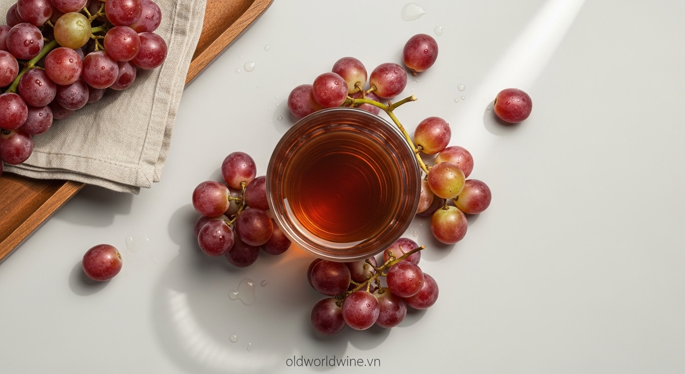 Nước ép nho tươi nguyên chất không cồn với nho mọng trên nền sáng