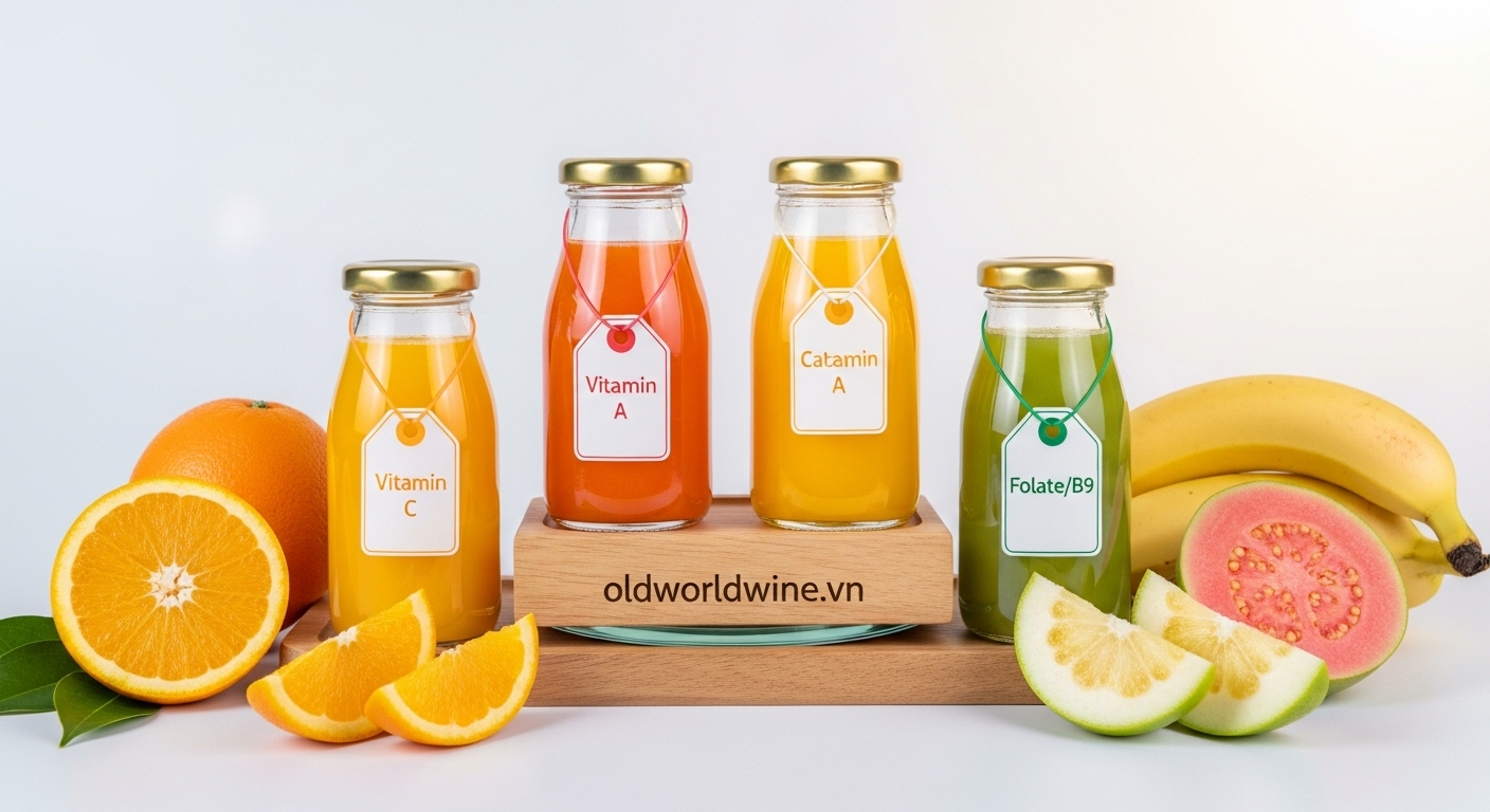 Nước trái cây tươi bổ sung vitamin C, A, kali và folate – trình bày cùng trái cây nguyên liệu tươi – phong cách sạch sẽ, hiện đại – oldworldwine.vn