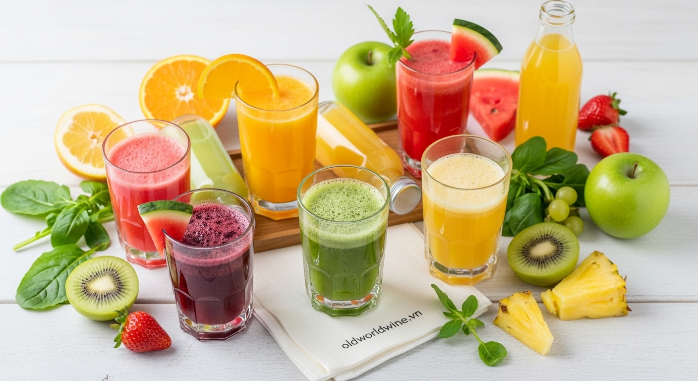 Hình ảnh các loại nước trái cây tươi đa dạng màu sắc – cam, dưa hấu, nho, kiwi – trên nền gỗ tự nhiên, phong cách hiện đại – oldworldwine.vn