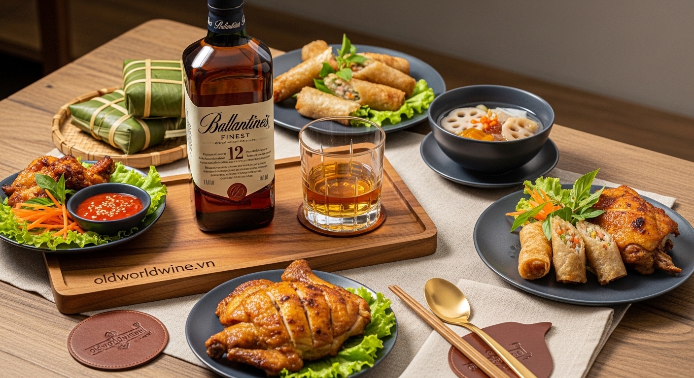 Hình ảnh chai và ly Ballantine’s Finest hoặc 12 Year Old whisky được kết hợp cùng các món Việt như gà nướng, chả giò giòn và chè khúc bạch, tạo nên trải nghiệm thưởng thức whisky và ẩm thực Việt hài hòa, tinh tế và ấm cúng.