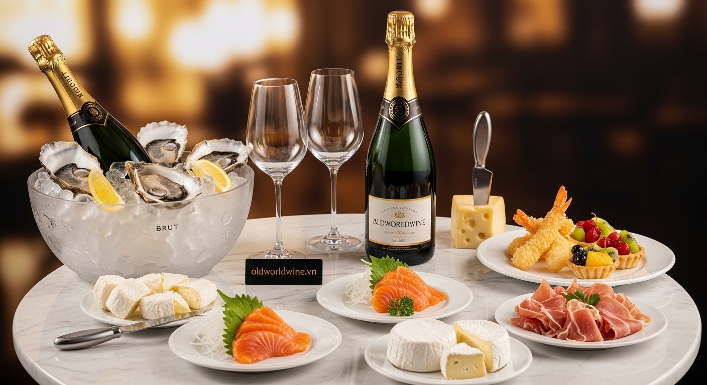 Ảnh bàn tiệc phong cách châu Âu sang trọng với Champagne và các món khai vị phương Tây như hàu tươi, phô mai mềm, tempura, thịt nguội, sashimi và bánh tráng miệng.