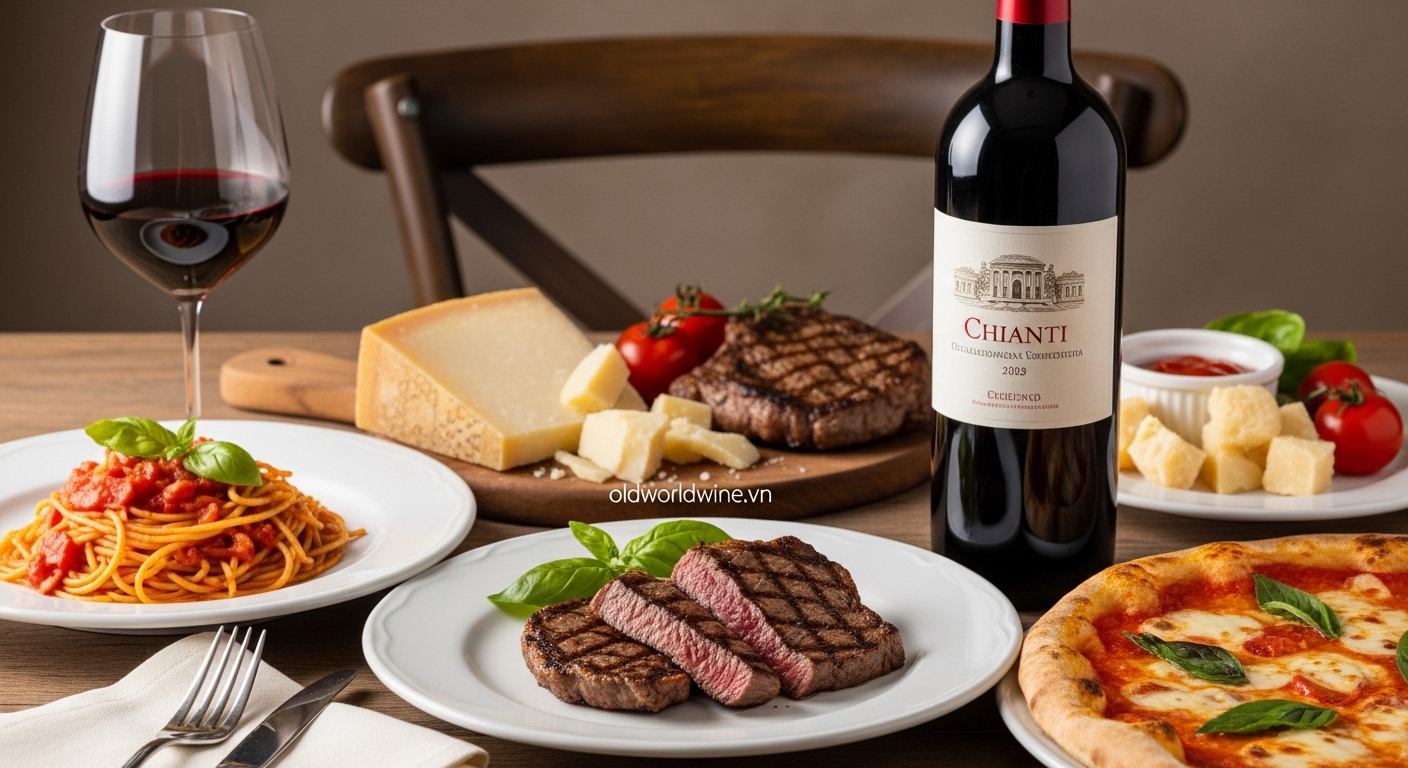 Bàn tiệc Ý với rượu Chianti, mì spaghetti sốt cà chua, bò nướng, phô mai Parmigiano và pizza Margherita – sự kết hợp ẩm thực hoàn hảo.