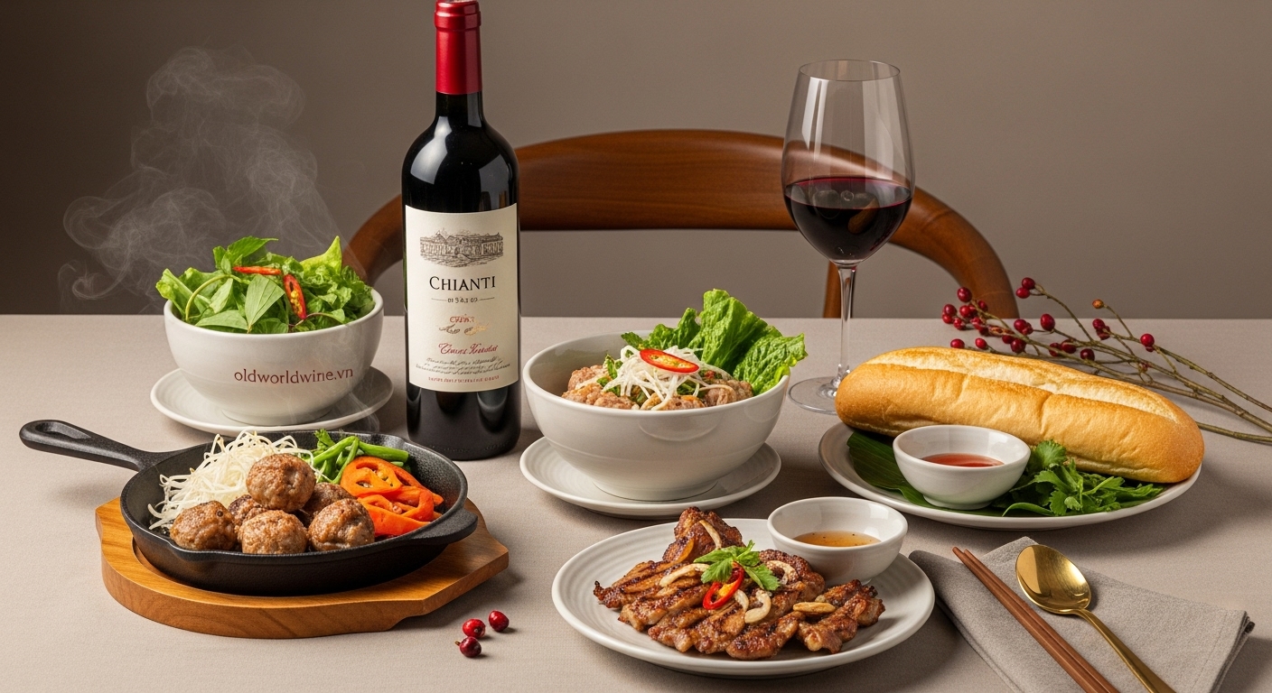 Hình ảnh kết hợp rượu vang Chianti với các món Việt như bò lúc lắc, bò kho và thịt dê nướng – gợi ý pairing độc đáo và mới lạ giữa ẩm thực Việt và rượu vang Ý.