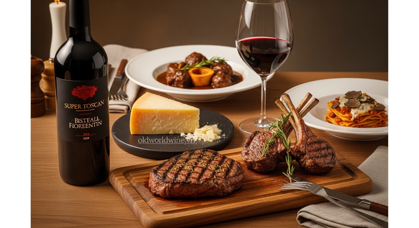 Hình ảnh pairing rượu vang Super Tuscans với ẩm thực Ý: Bít tết Florentine, sườn cừu, bò hầm, phô mai Parmigiano và pasta truffle – oldworldwine.vn